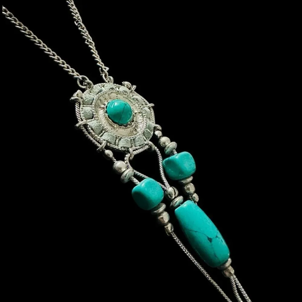 Silver Toned Faux Turquoise Stone Necklace Western Boho Leather Rawhide